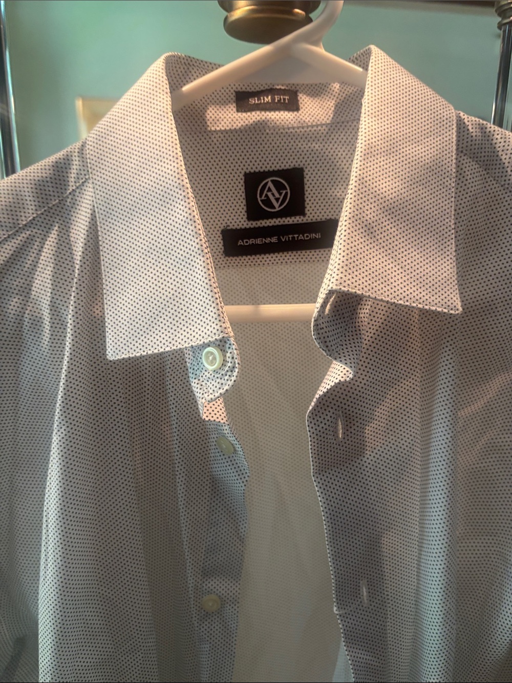 Adrienne Vittadini White Shirt with Navy Microdots